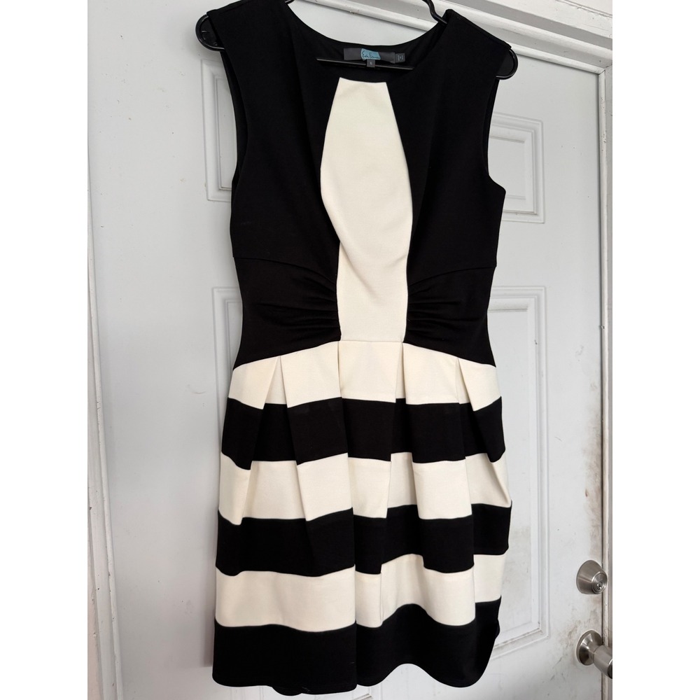 Eva Franco Black White Striped Colorblock Fit Flare Cocktail Dress PT5386 Size 6